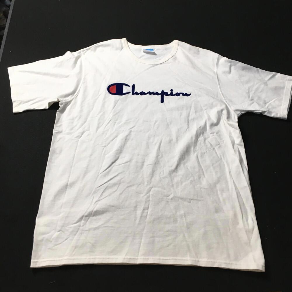 Champion Shirt Adult Mens 2XL White Blue Spell Out Logo Short Sleeve